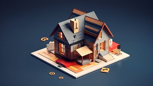 房地产表格充满元素和房屋图标 3D 渲染检查概念