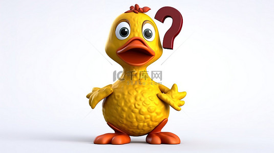 思考的动物背景图片_白色背景的 3D 渲染，带有可爱的黄色卡通鸭吉祥物，带有红色问号标志