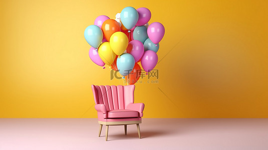 由一堆彩色气球举起的空中椅子的 3D 渲染