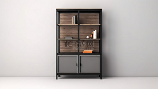木板灰色背景图片_现代橱柜，配有黑色钢框架和灰色饰面，呈现在白色背景顶视图 3D 渲染上