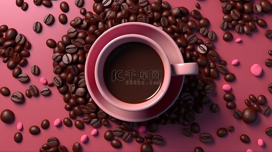 芳香咖啡杯和 3D 渲染背景上逼真的豆子排列