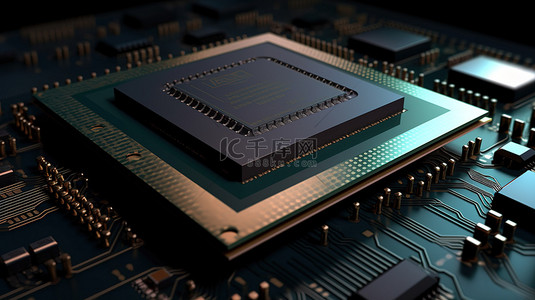 电子行业概念中 PC CPU 芯片 3D 插图的特写视图