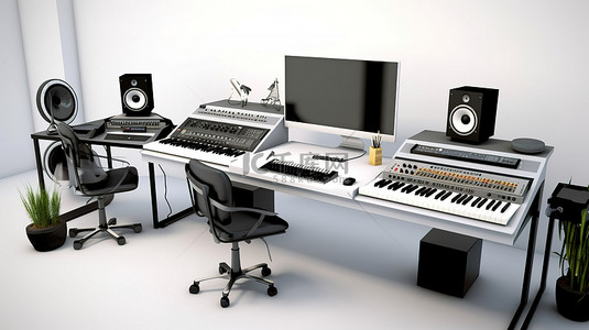 时尚的家庭工作室是现代音乐录制白色背景 3D 渲染的电子天堂