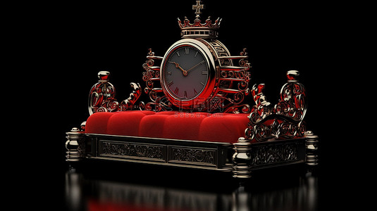 黑色背景下 3d 渲染中的旧闹钟位于红色国王宝座上