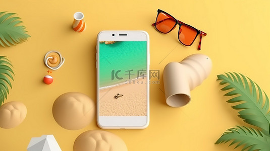 漂浮背景图片_具有暑假氛围和 3D 海滩配件的海滩手机模型