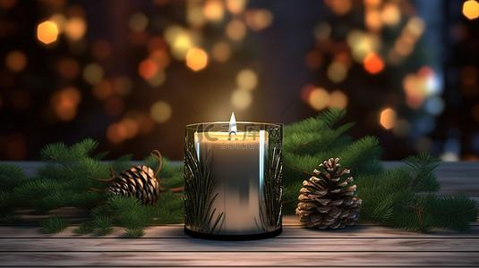 圣诞节绿背景图片_冬季假期优雅的 3D 插图，木质背景上的圣诞蜡烛和绿树枝