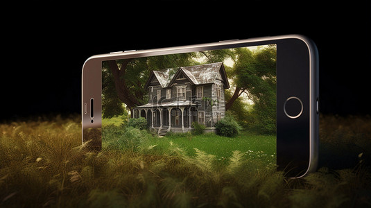 投射在手机屏幕上的村庄老房子树木和草地的 3D 渲染