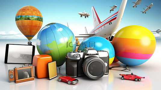 3D 飞机手提箱相机沙滩球和照片中的旅行必需品