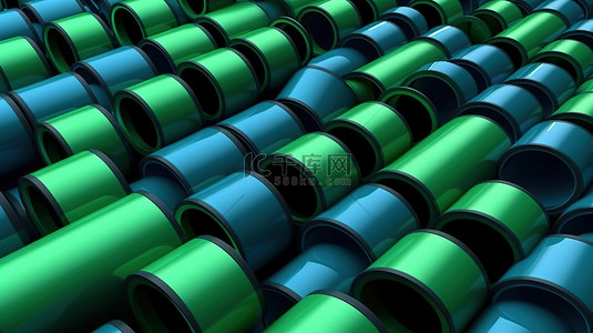 蓝色平面设计背景图片_关闭抽象插图的 3D 渲染，在灰色背景上显示绿色和蓝色圆柱体
