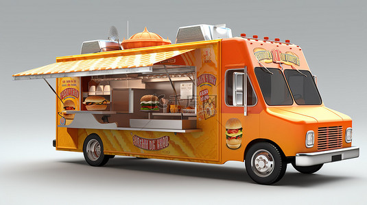 充满活力的 3D 效果图，供应热狗汉堡披萨和咖啡的食品卡车