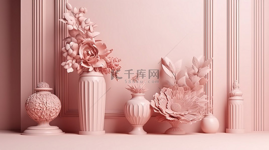 高架 3D 展示台配有精致的插花和柔和的米色粉色背景