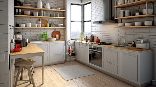 阁楼风格设计的小厨房中白色橱柜和灰色墙壁的 3D 渲染