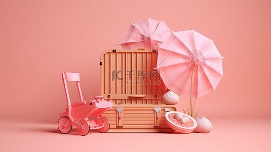 木板 3D 渲染，配有沙滩伞椅和装在粉色背景手提箱中的救生圈