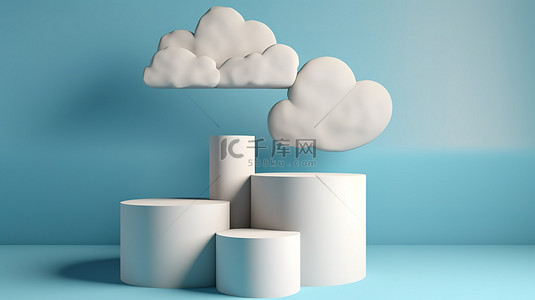 蓝色背景 3D 产品讲台 PSD 与云优雅的演示