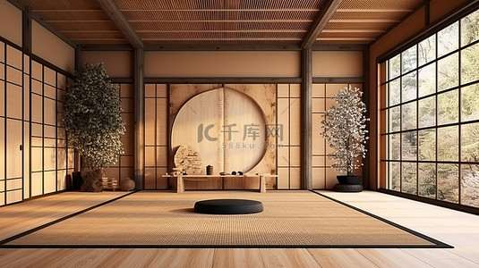 宽敞的日式内饰，配有木制设计墙和榻榻米地板上的扶手椅