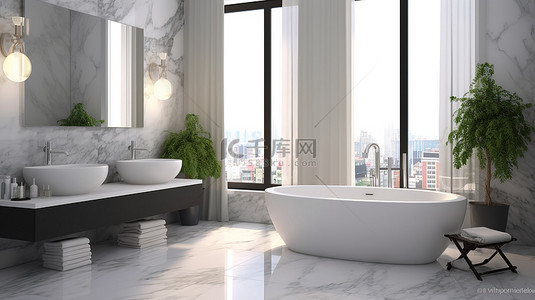 豪华白色大理石浴室内浴缸的 3d 渲染