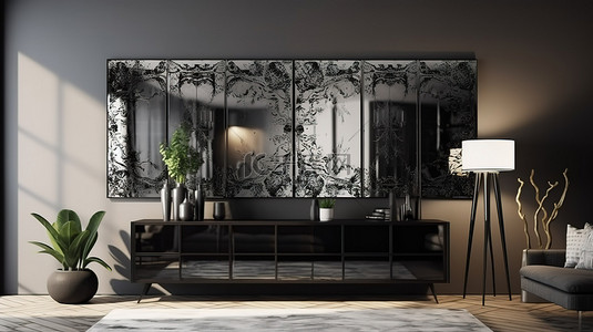 3D 渲染的客厅配有时尚的黑色控制台和镜面墙壁艺术