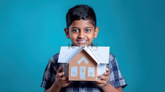 印度小孩子展示3D纸房子模型体现工艺和房地产主题