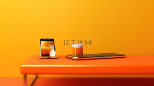 橙色办公桌的 3D 插图，上面有手机水平横幅