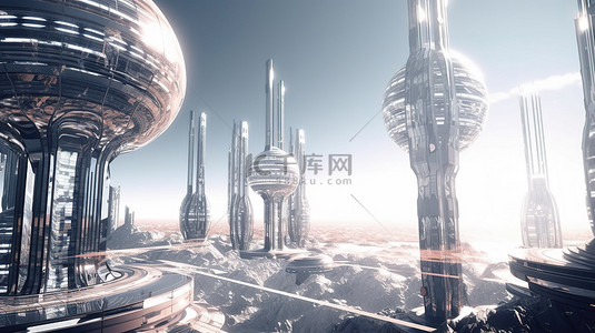 3D 未来派有机摩天大楼和建筑的迷人城市景观，适合科幻或幻想背景