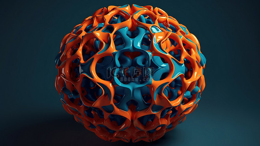 抽象建模未来派橙色和蓝色球由醒目的 3D 插图中的众多圆圈组成