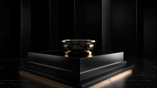 3D 渲染的黑色方形基座，用于在时尚背景上展示奢侈品