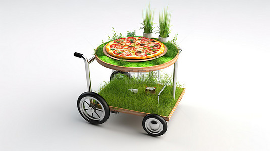 吃香肠背景图片_白色背景上披萨手推车的 3D 渲染