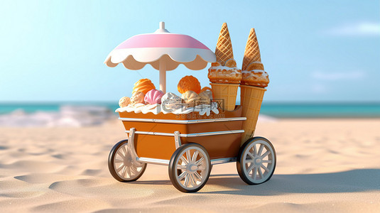 手推车车背景图片_阳光亲吻海滩上的冰淇淋车，在白色背景上以 3D 渲染，极其特写