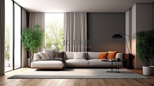 宽敞房间背景图片_宽敞现代的客厅的 3D 渲染，配有舒适的角沙发