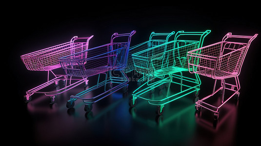 3D 渲染中的霓虹灯点亮购物车图标