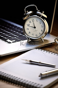 笔记本电脑旁边有一个笔式笔记本和闹钟