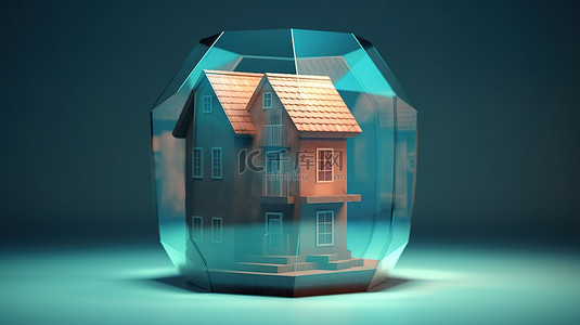 家被防护玻璃罩包围 3D 渲染的安全​​概念