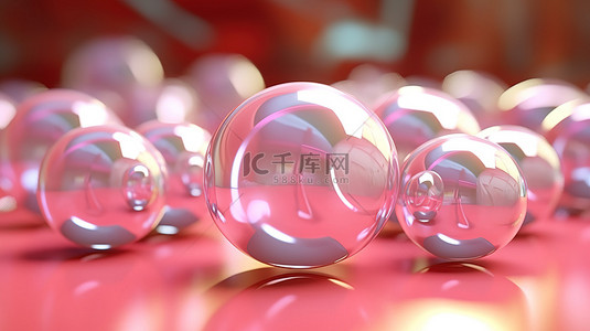 抽象 3D 插图中充满活力的玻璃球与柔和的粉红色模糊