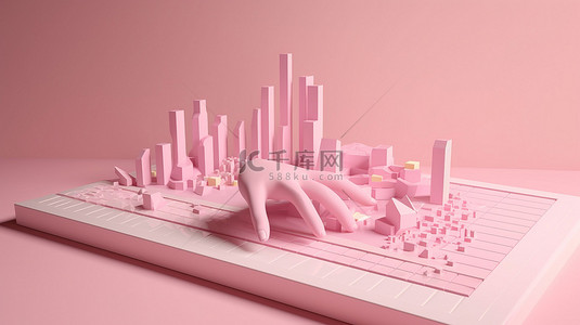 经济分析矢量图背景图片_计算机和键盘，带有柔和的粉红色背景上的 3D 图形和图表