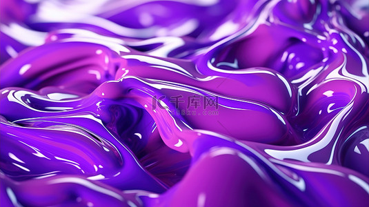 液体背景上紫色抽象流体的 3d 渲染