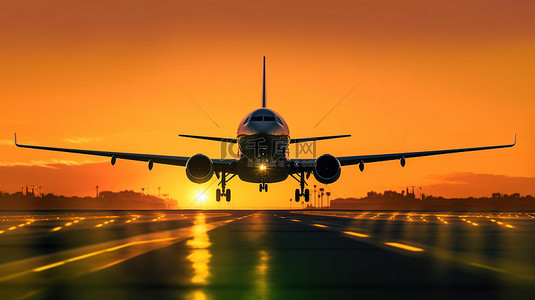 景观平面背景图片_日落时在橙色机场灯光下降落的飞机轮廓的 3D 渲染