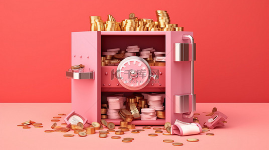 储物柜背景背景图片_粉红色背景的三维插图，带有等距红色保险箱，从正面看，里面装满了硬币和成堆的美元现金