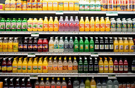 新鲜饮料背景图片_货架上摆满了新鲜低糖饮料的瓶装果汁