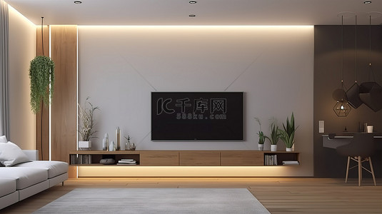 电视背景图片_带舒适壁挂式电视架和暖白灯的客厅的室内场景 3D 渲染