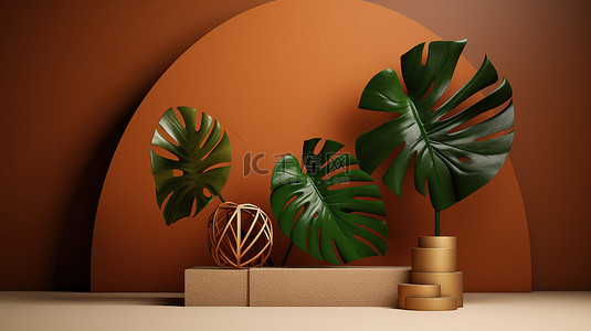 3D 渲染的几何支架和龟背竹叶在棕色背景上用于产品展示