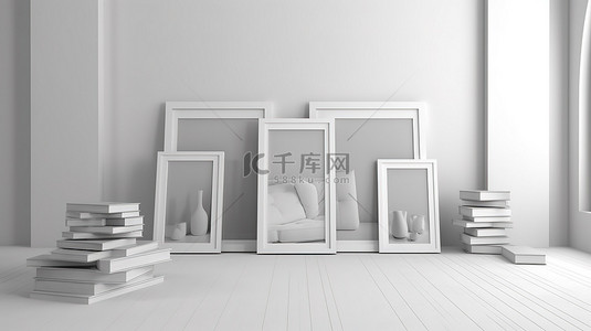 家背景图片_地板上白色相框旁边摆放的书籍 3D 渲染