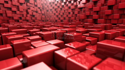 红色立方体墙透视的 3D 渲染