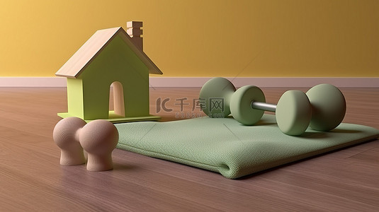 保持身体健康背景图片_呆在家里健身 3d 插图瑜伽垫和哑铃背景