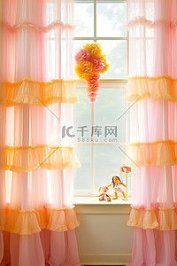 流苏窗帘背景图片_粉色黄色和白色的窗幔，配有流苏细节