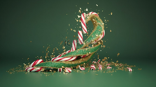 节日贺卡绿色背景图片_逼真的 3d 糖果手杖和绿色圣诞树上的金色五彩纸屑闪光组合物是本季的节日渲染