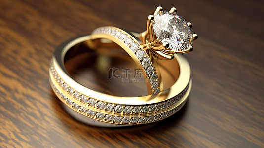 结婚戒指和订婚戒指的黄金 3D 渲染