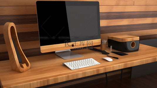 表格背景图片_带有 3d 渲染桌面计算机的木制工作区