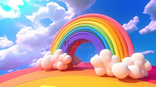3D 渲染的卡通彩虹透过阳光和云彩闪耀