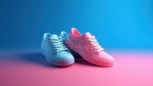 复古设计背景图片_单色背景上蓝色和粉色运动鞋的高级 3D 渲染
