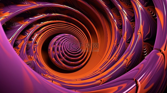 抽象紫色金属圆形分形，带有门户和螺旋在孤立的橙色背景 3d 渲染上